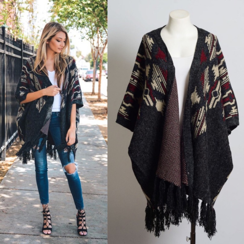 heather argyle print tassel poncho kimono cardigan